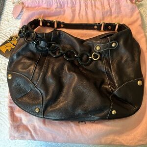 Juicy Couture Black Pebbled Leather Shoulder Hobo Icon Charm Shoulder Bag Y2K